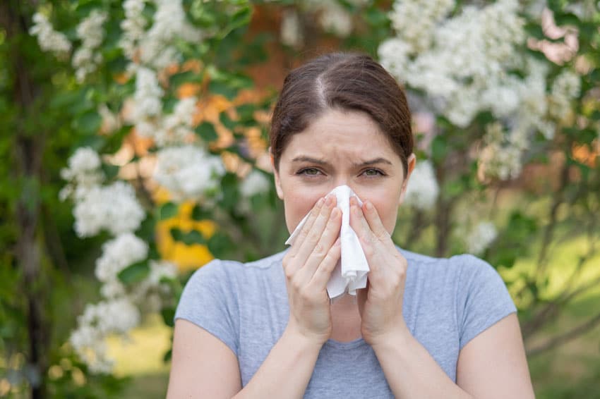 allergies-and-snoring-omaha woman blowing her nose, suffering from allergies.